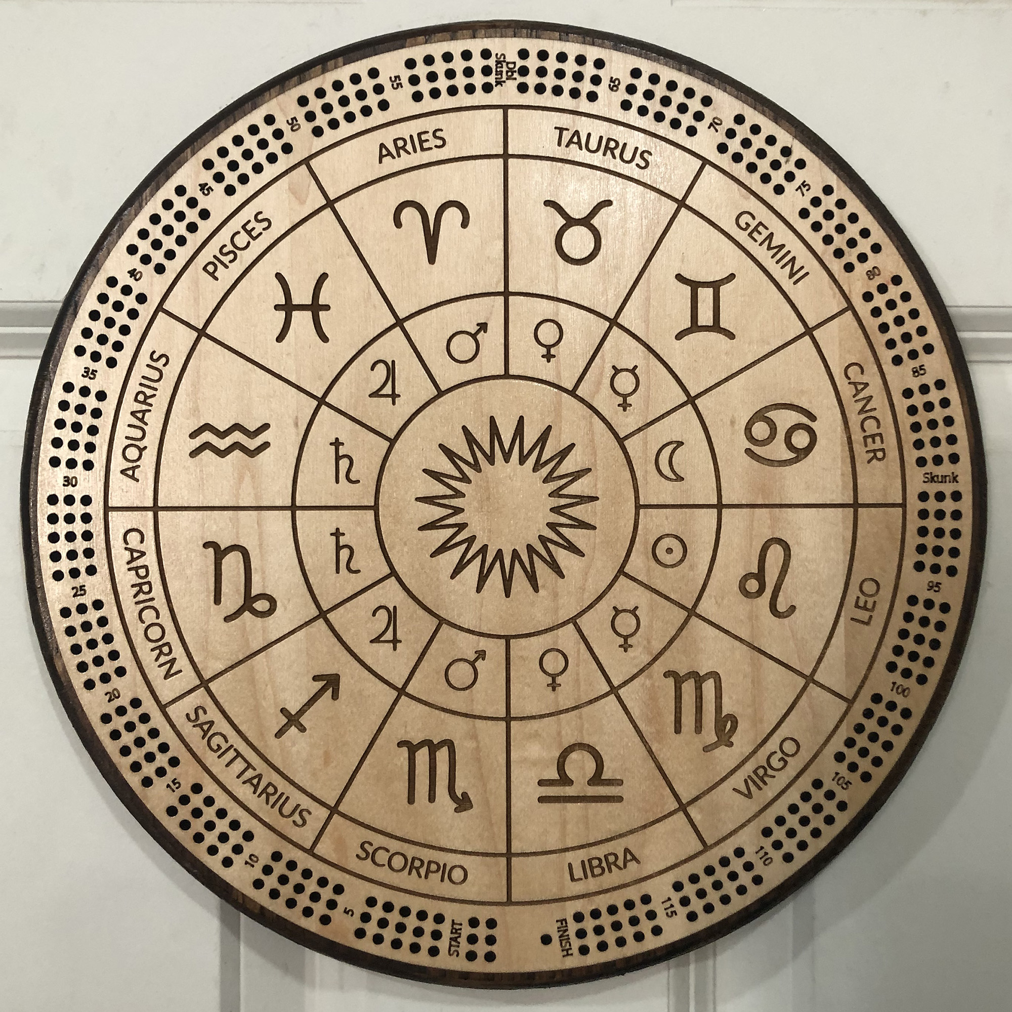 Astrology Wheel cribbage board – round 3 track 120 points with pegs ...